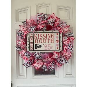 Leopard Valentines Day Mesh Ribbon Wreath, Kissing Booth Sign, Front Door Hanger